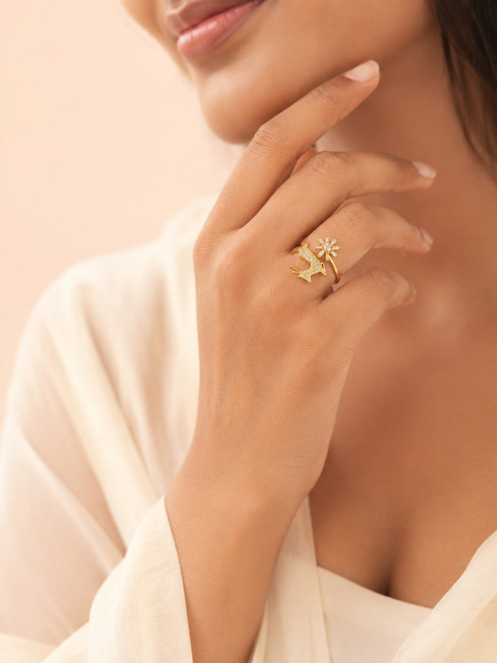18K Gold Plated Tarnish-Resistant Deer Flower Crystal Ring
