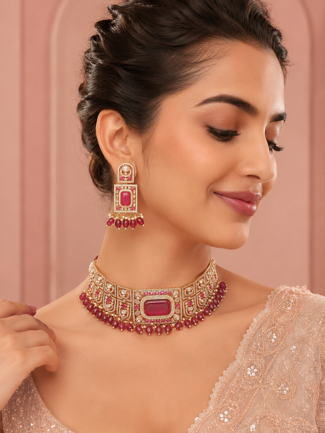 Aanura Red Stone Bridal Choker Set with Earrings