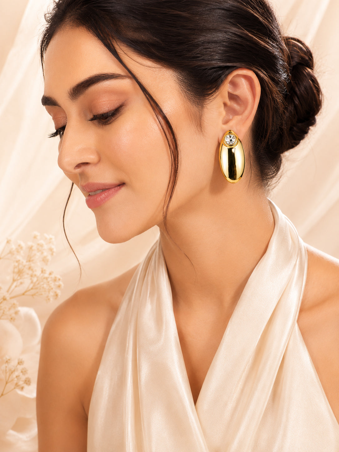 Aanura Crystal Gold Oval Stud Earrings