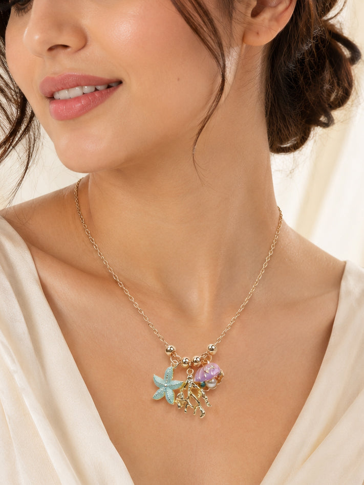 Aanura Ocean Charm Gold Necklace with Starfish, Shell & Coral