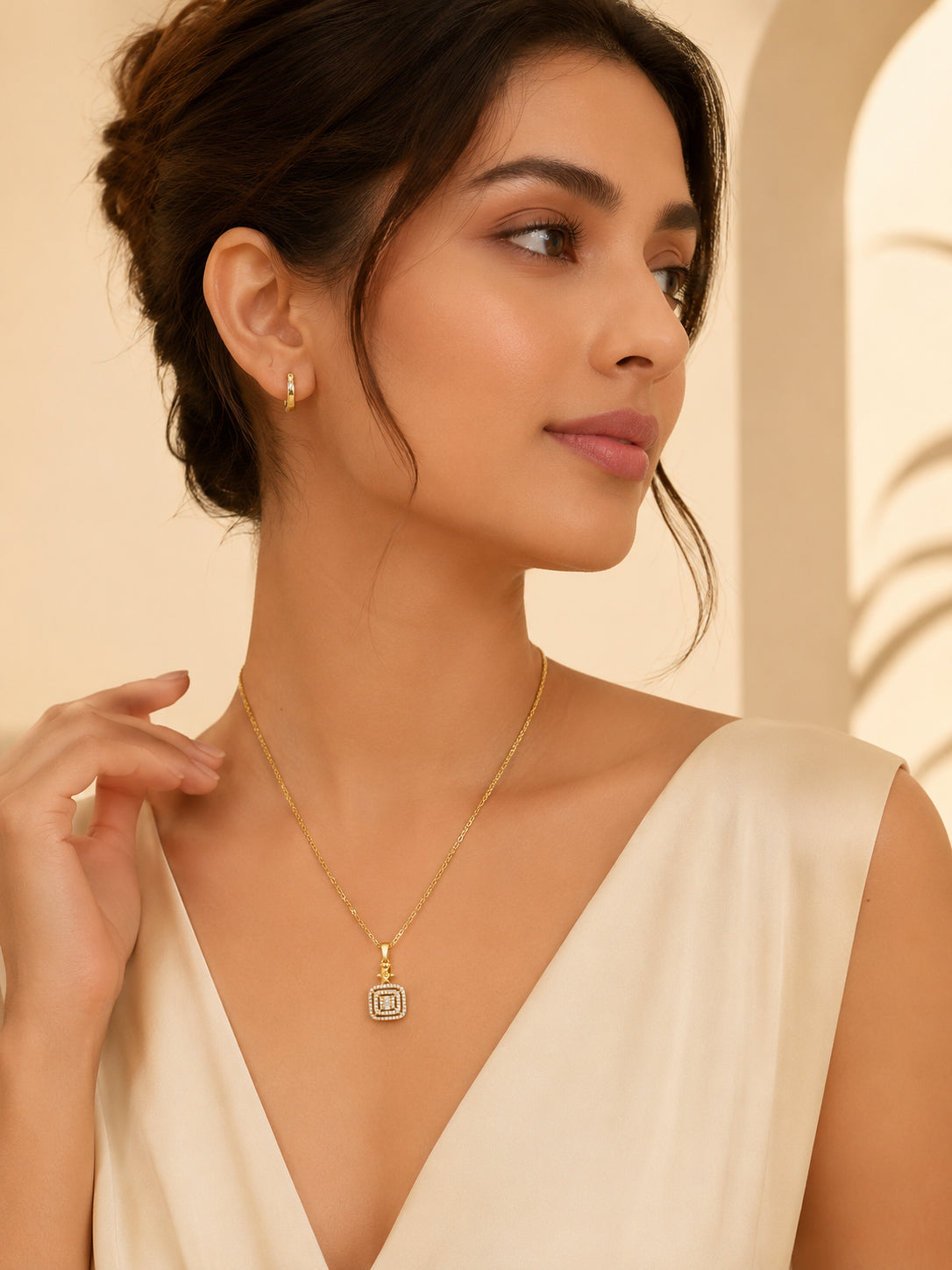 Square Halo Crystal Pendant Necklace with 18K Gold Plating