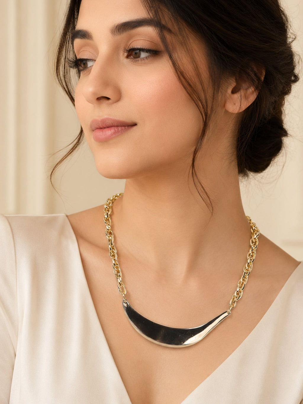 Aanura Bold Gold Chain Necklace with Silver Curve