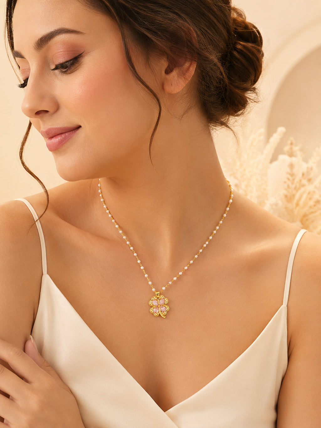 Pink Clover Pearl Necklace with 18K Gold Plating