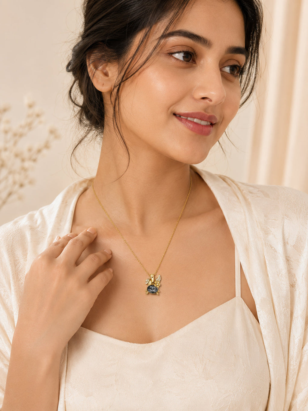 Winged Dark Stone Necklace with 18K Gold Plating