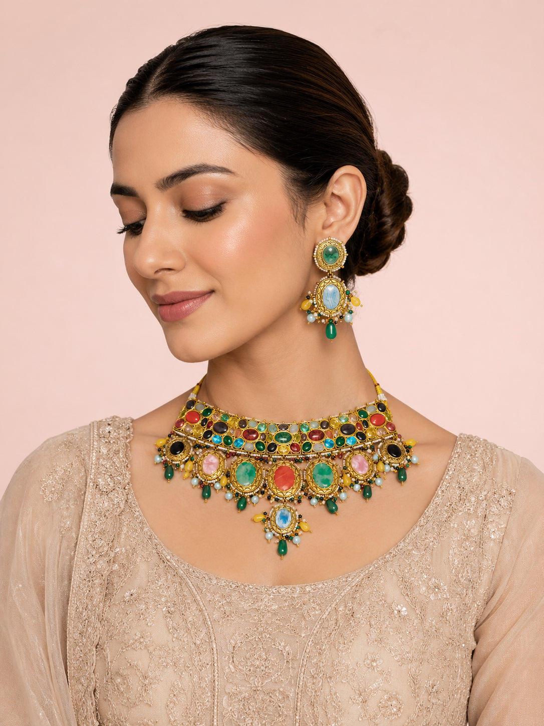 Aanura Multi-Colour Stone Choker Necklace Set