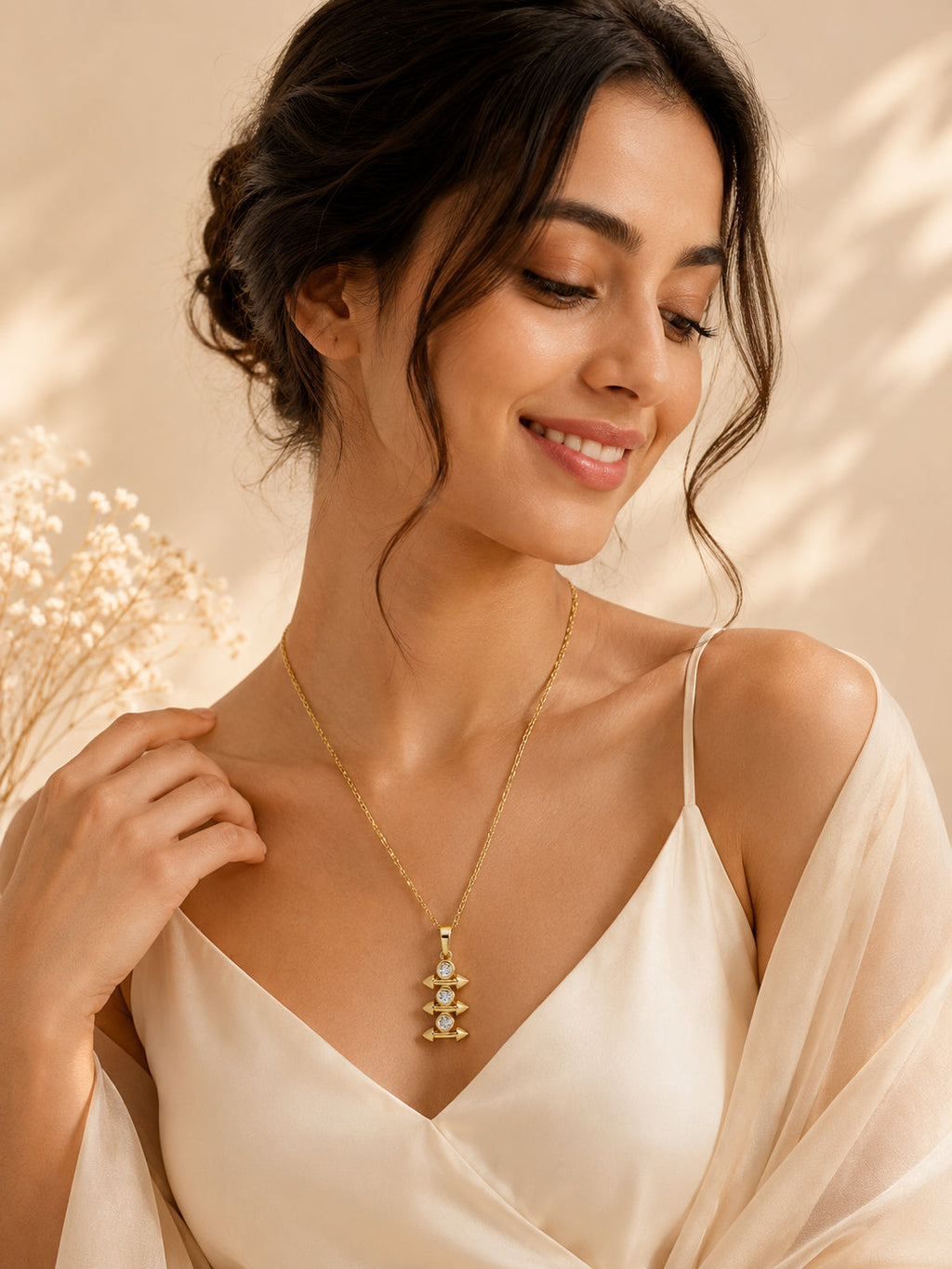 Triple Crystal Arrow Bar Necklace with 18K Gold Plating