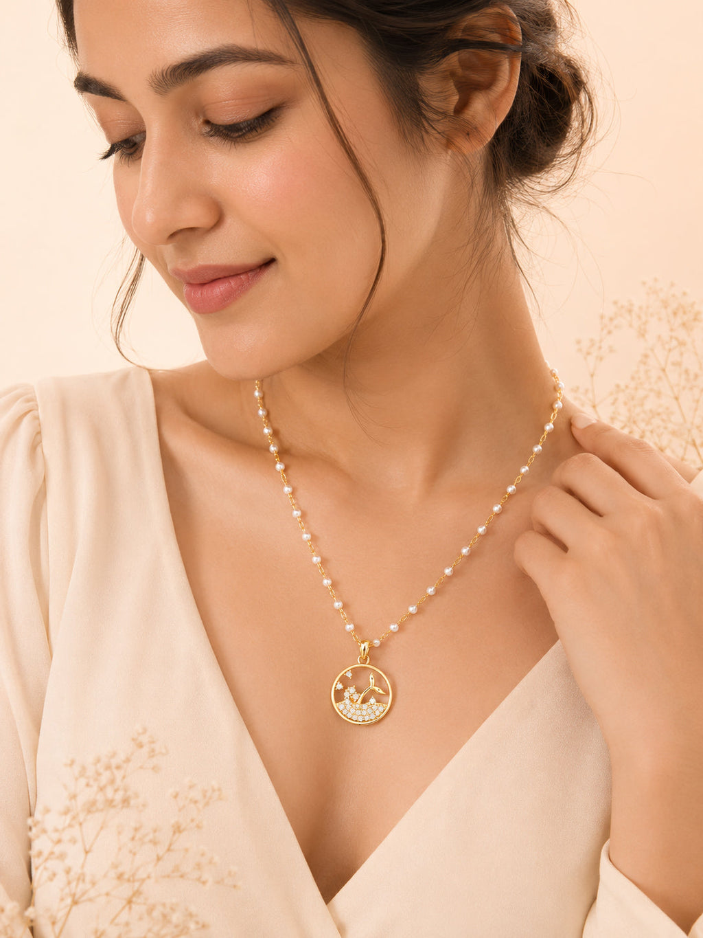 Pearl Bead Ocean Charm Necklace in 18K Gold Plating