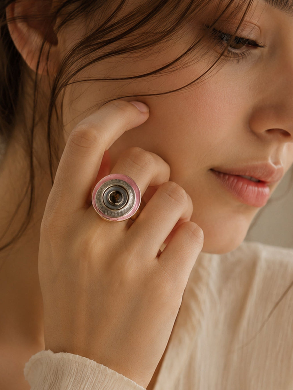 18K Gold-Plated Pink & White Enamel Ring – Anti-Tarnish & Waterproof