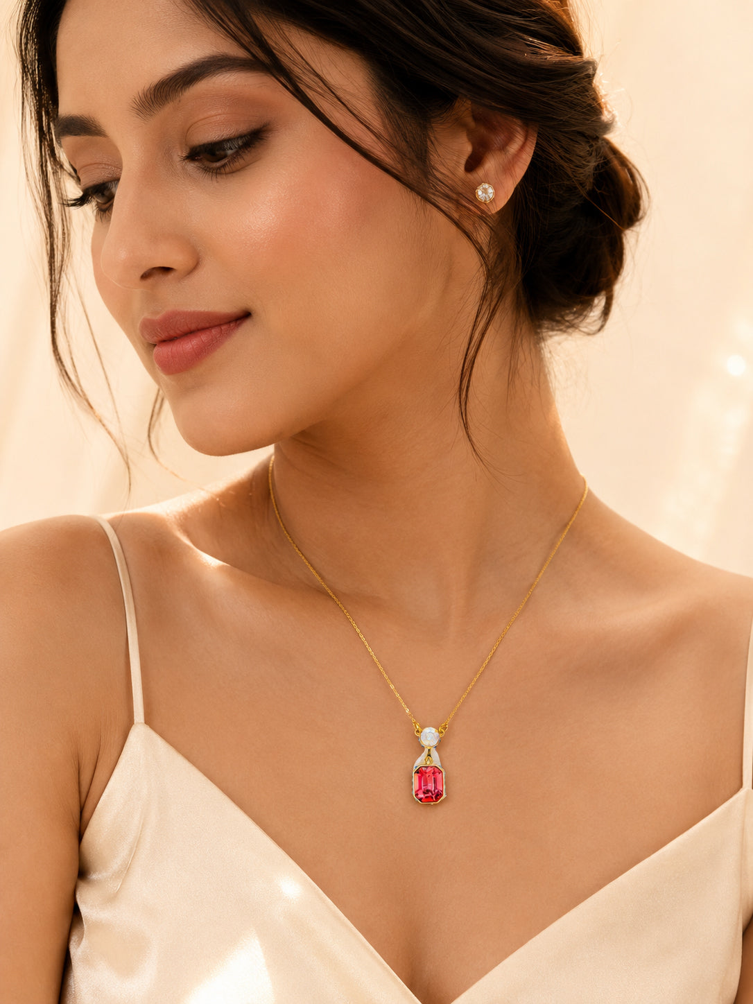 Red & Blue Crystal Drop Necklace in 18K Gold Plating