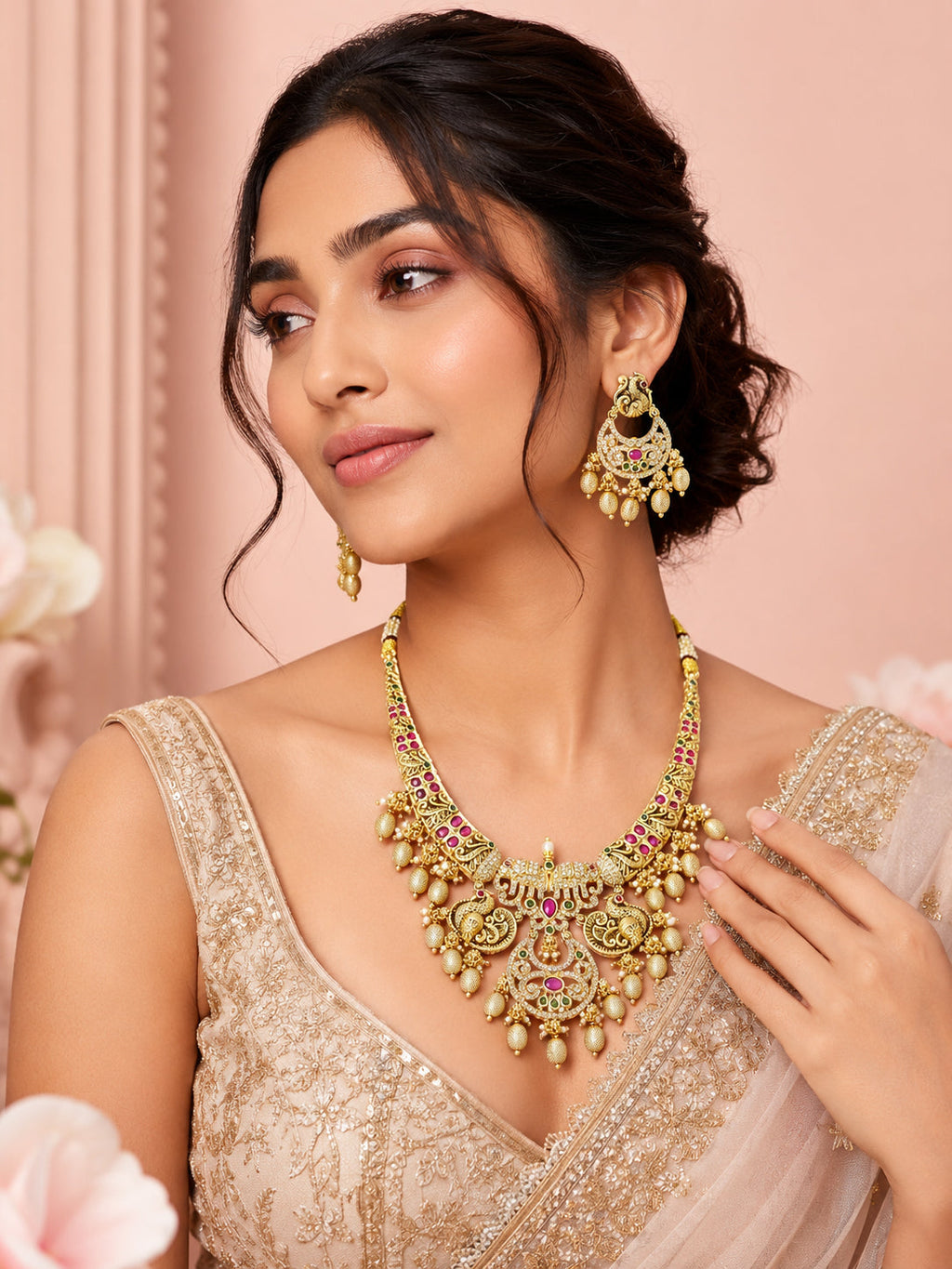 Aanura Gold Plated Temple Necklace & Earring Set