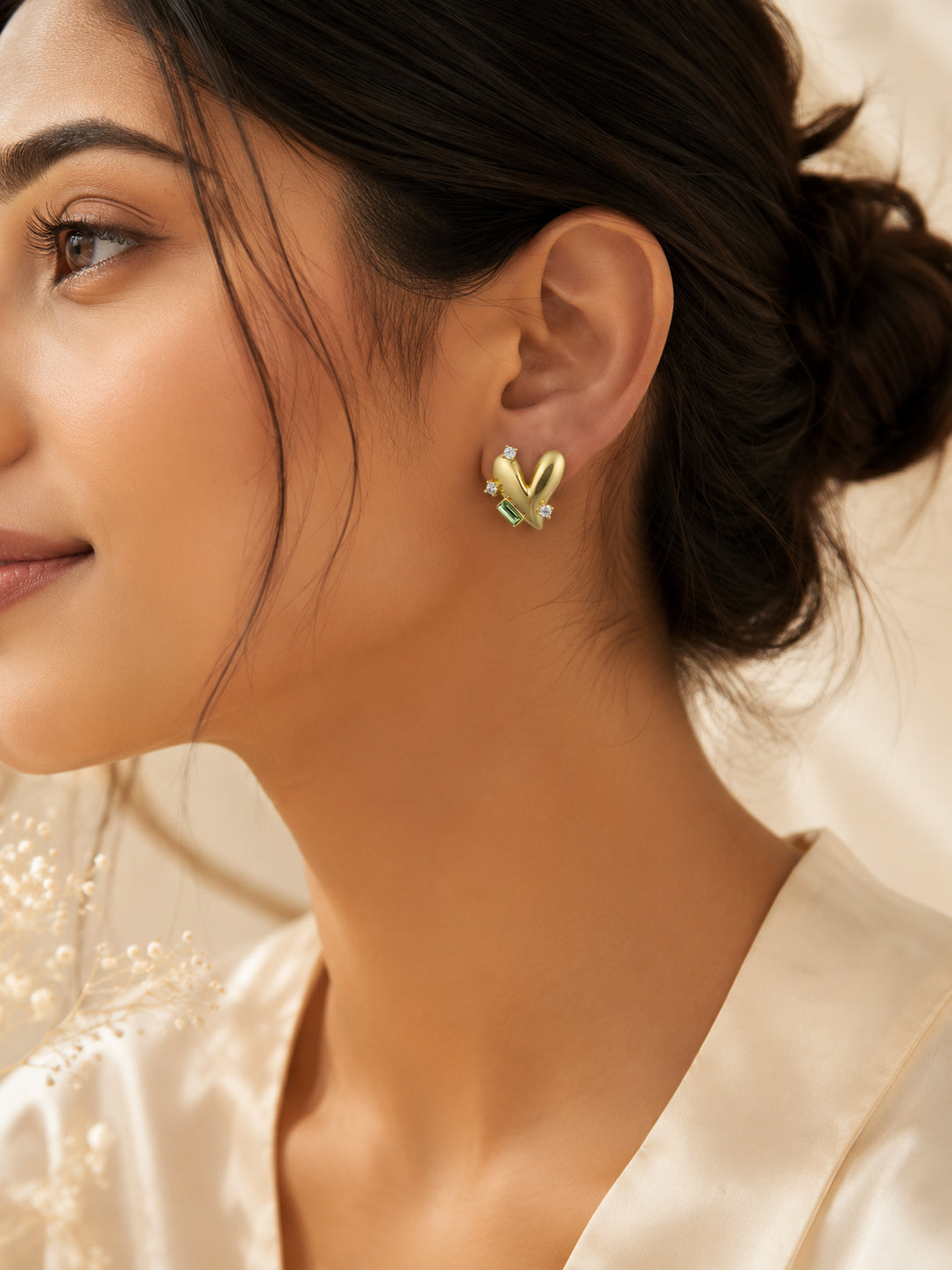 18K Gold Plated Green Baguette Heart Stud Earrings