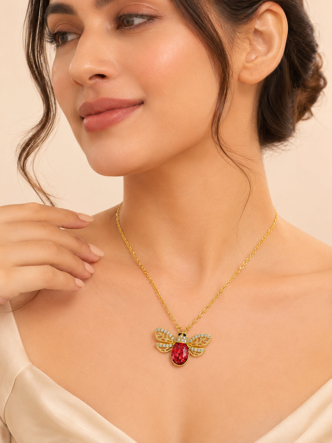 Red Stone Wing Charm Necklace with 18K Gold Plating