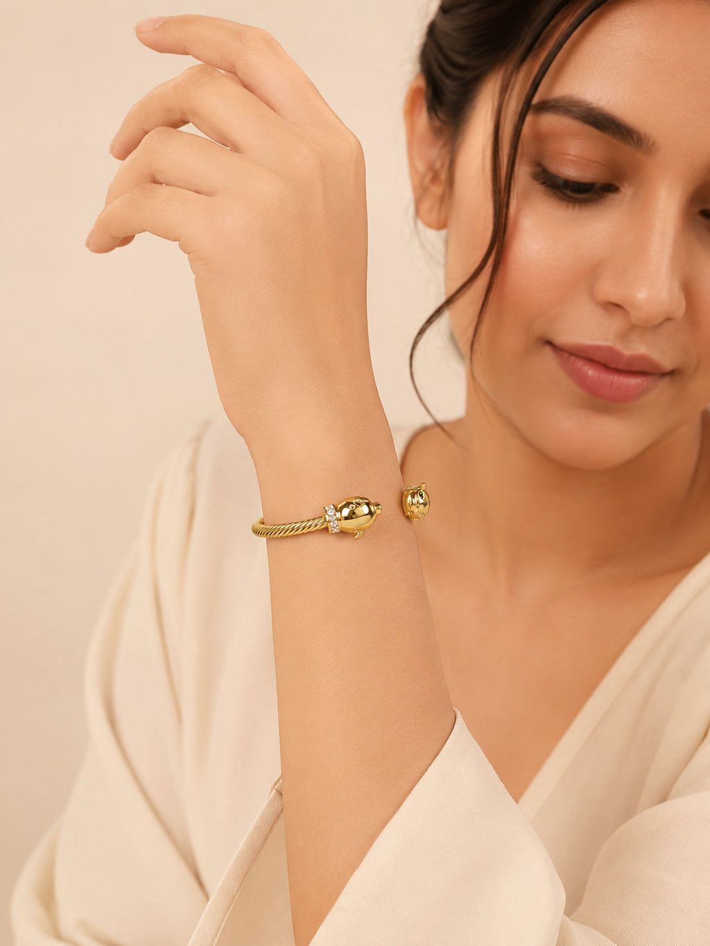 Panther Head Gold Open Cuff Bracelet