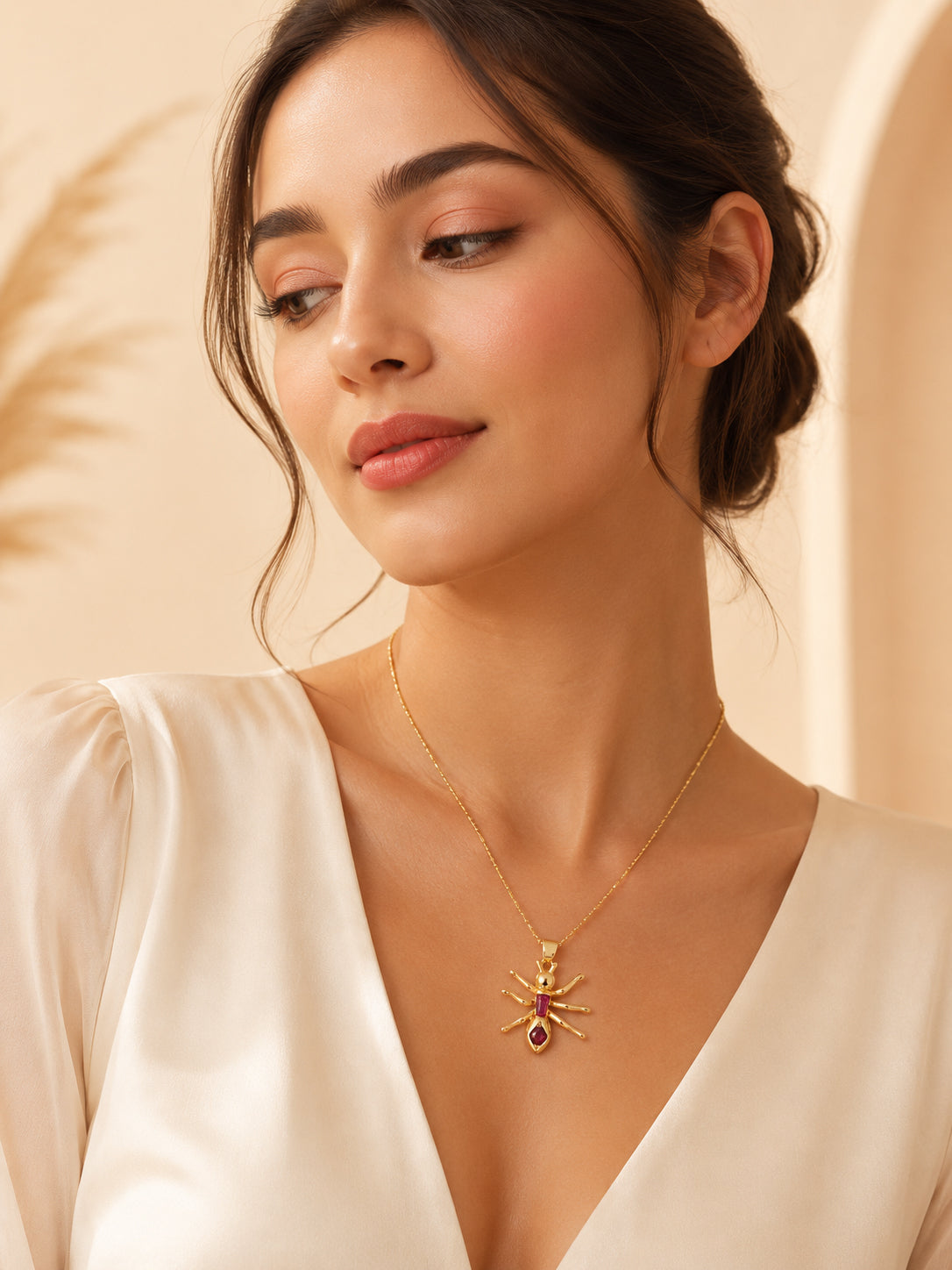 Pink Stone Spider Necklace with 18K Gold Plating