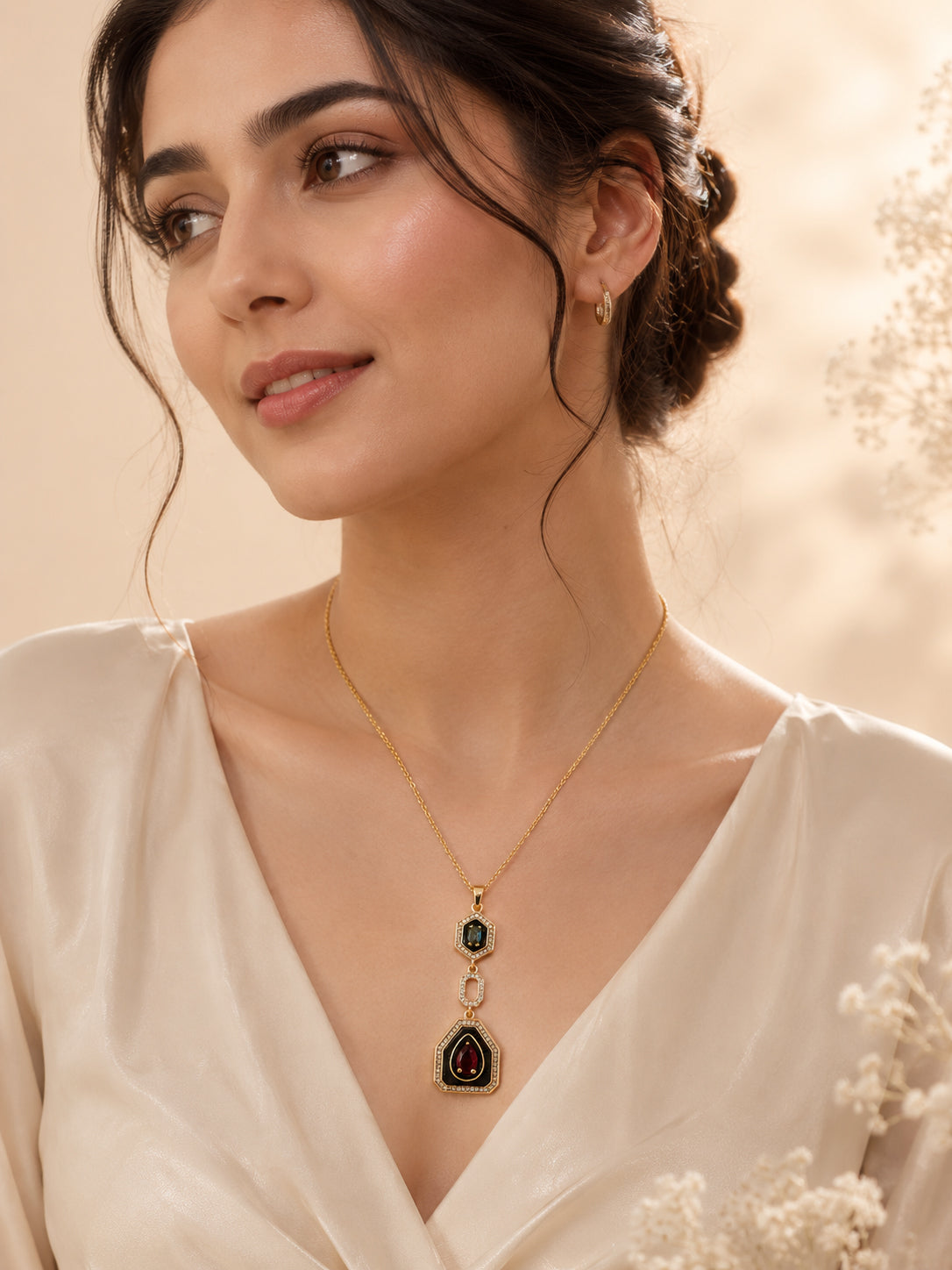 18K Gold Plated Multi-Stone Geometric Drop Necklace