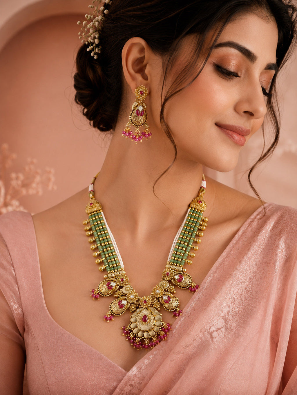 Aanura Temple Bridal Necklace with Ruby & Bead Strands