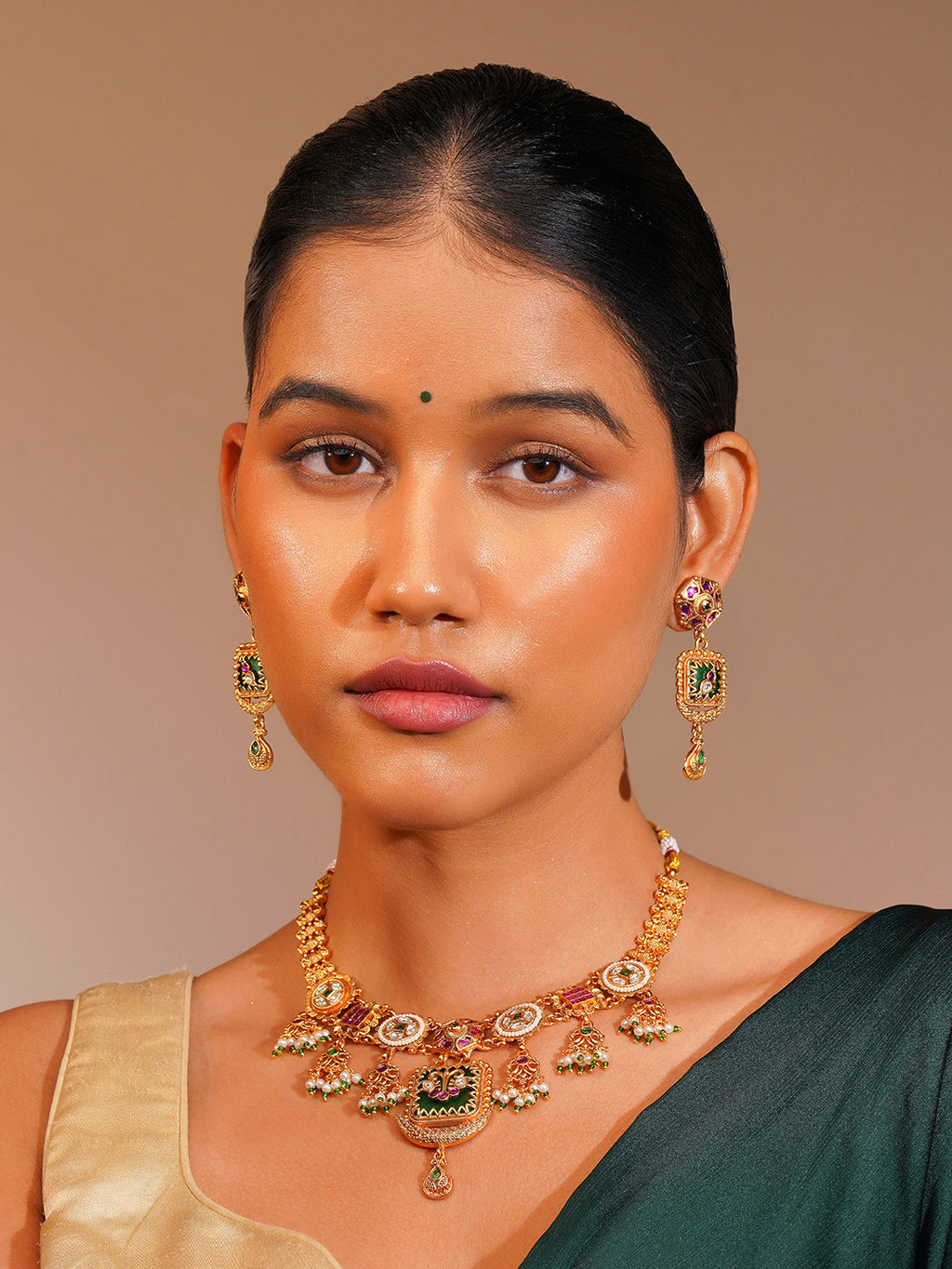 Aanura Gold Plated Royal Pendant Necklace Set
