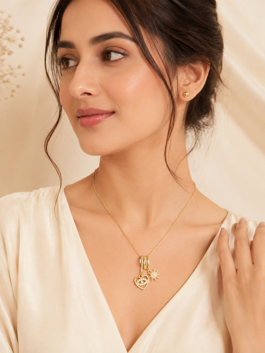 18K Gold Plated Heart Eye & Sun Charm Necklace