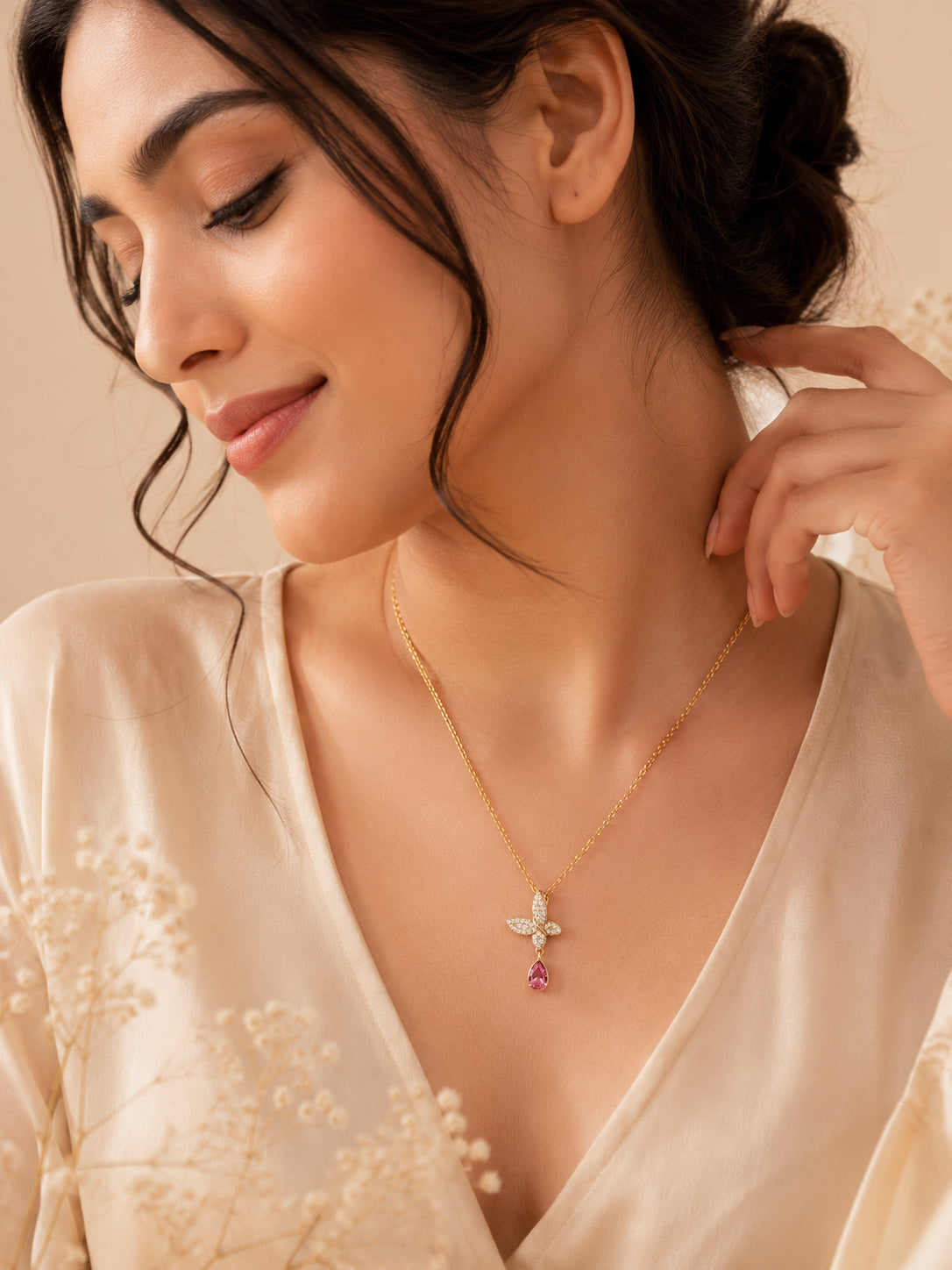 Crystal Butterfly Pink Drop Necklace with 18K Gold Plating