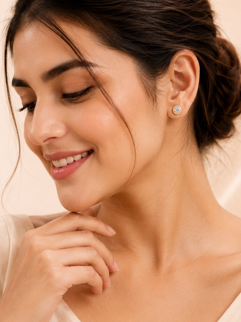 Halo Crystal Stud Earrings in 18K Gold Plating for Women