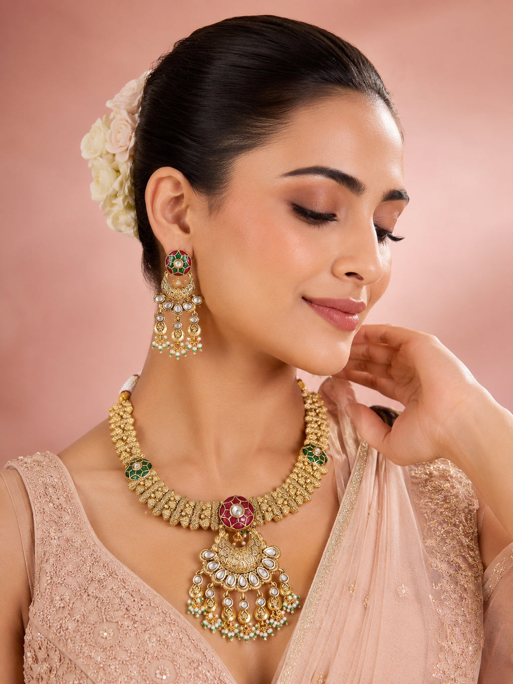 Aanura Bridal Kundan Pearl Choker Necklace with Earrings