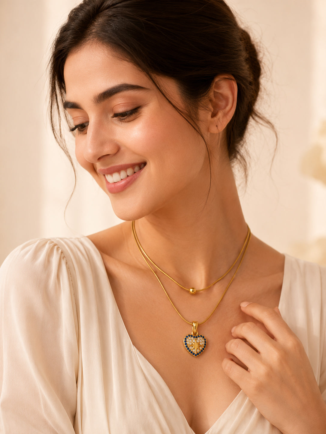 Blue Stone Heart Layered Necklace in 18K Gold Plating