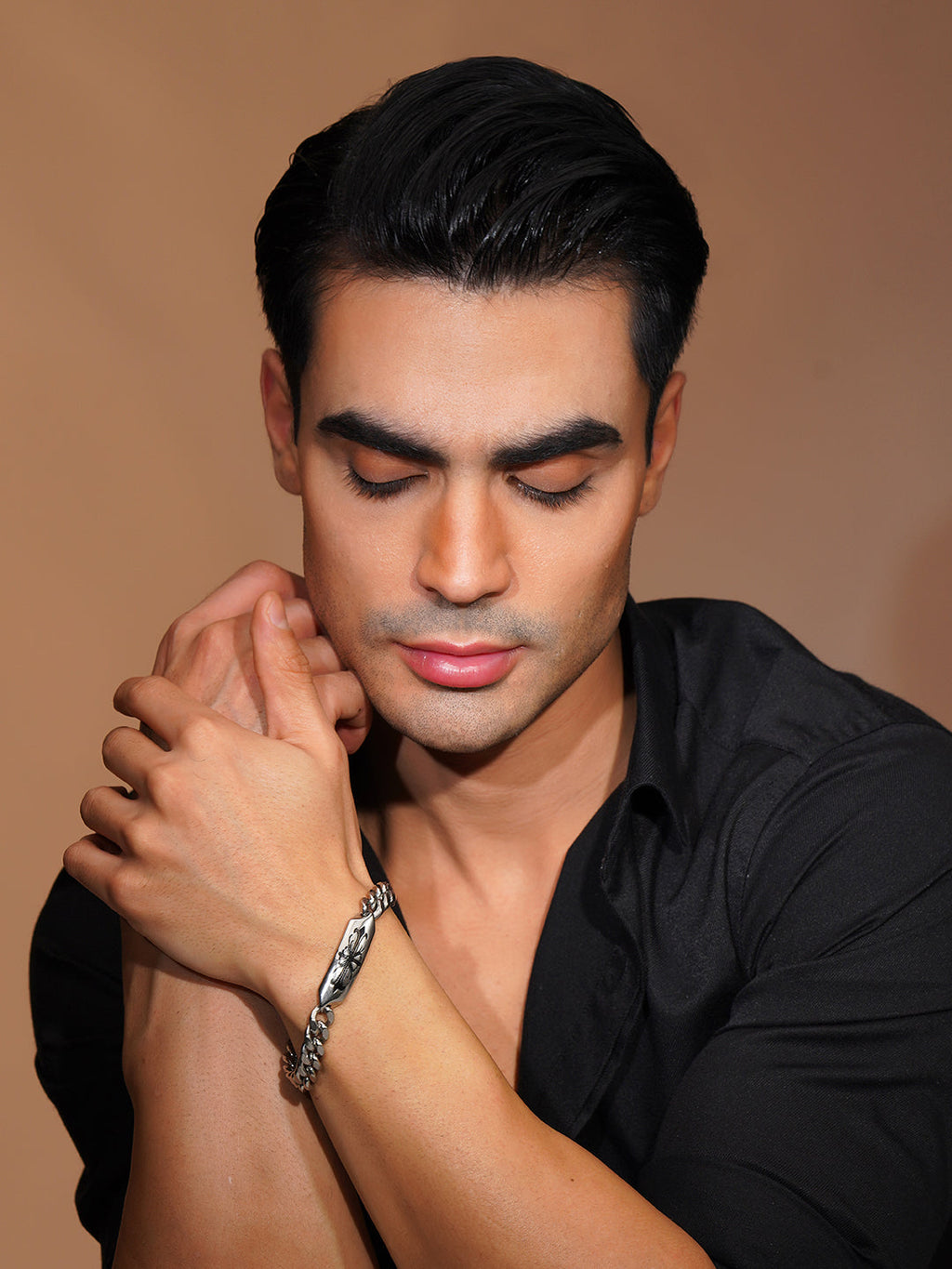 Silver Rhodium-Plated Shadow Link Waterproof Stainless Steel Bracelet for Men