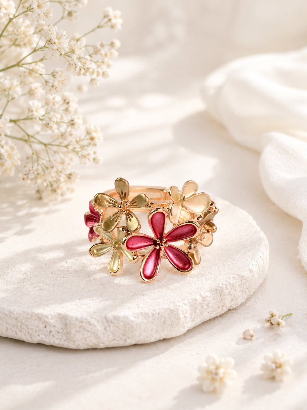 18K Gold-Plated Multi-Color Enamel Floral Ring – Anti-Tarnish, Waterproof