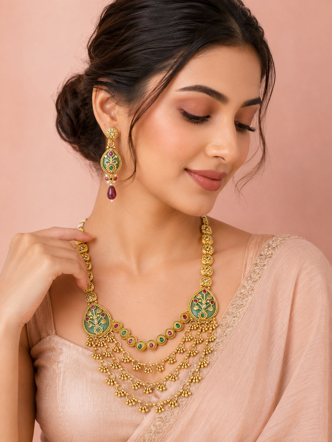 Aanura Layered Gold Necklace Set with Pearl Drop Earrings