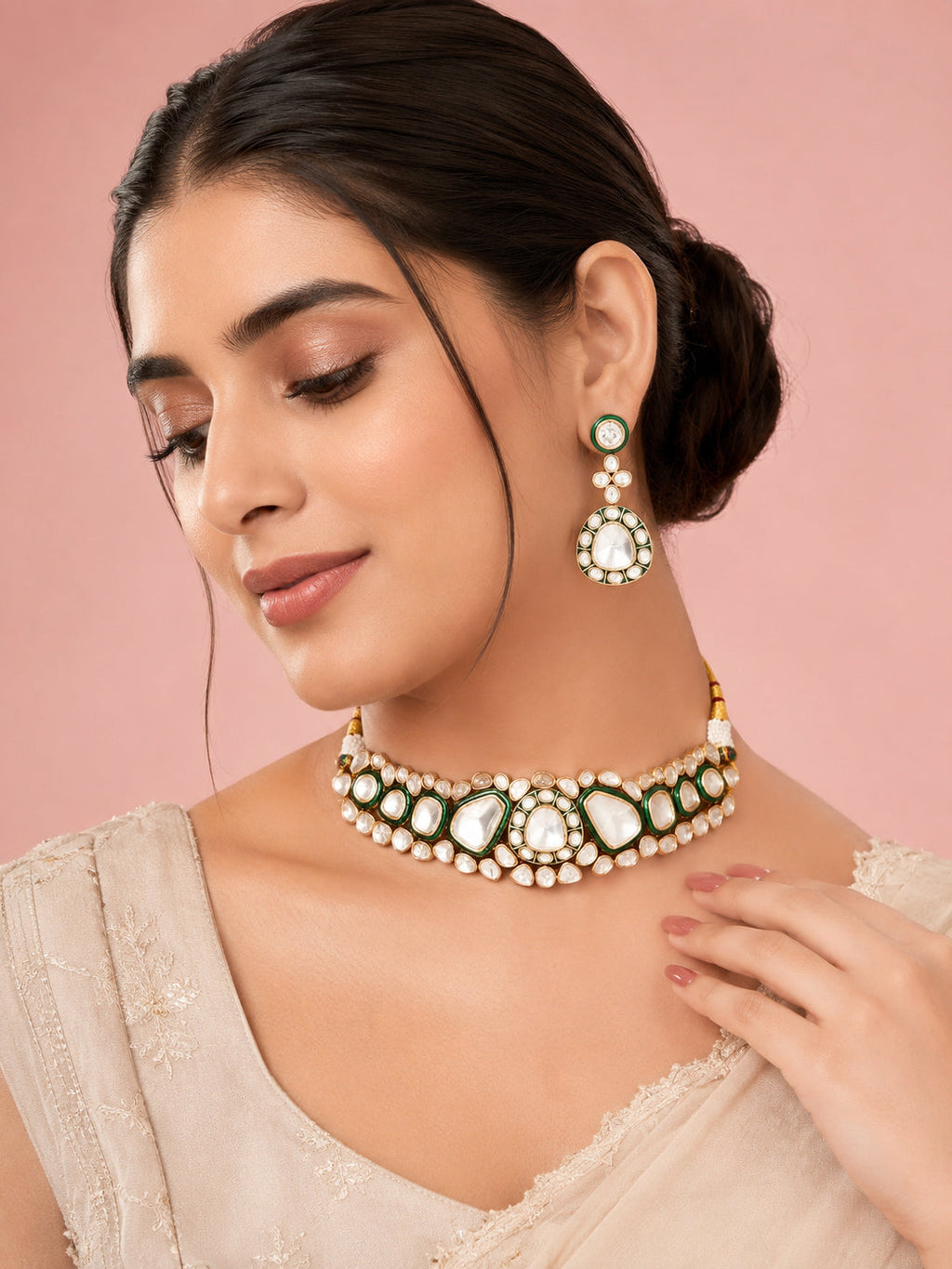Aanura Kundan Choker Necklace Set with Matching Earrings