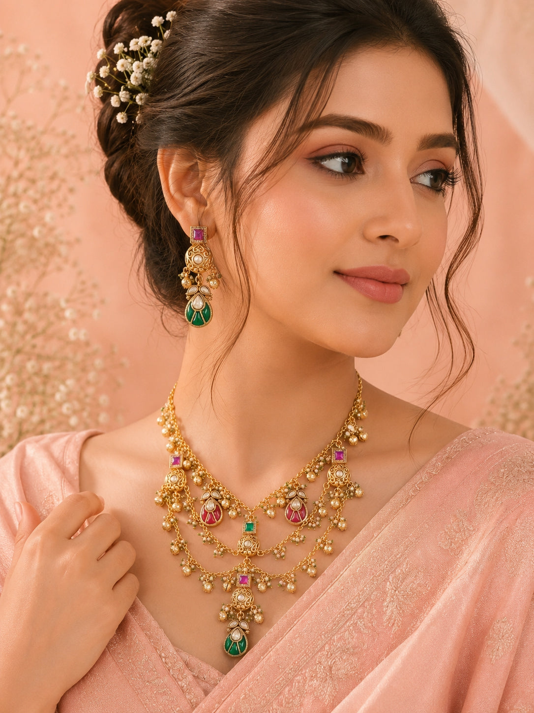 Aanura Layered Antique Necklace with Ruby Drops