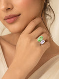 Rhodium Plated Green & Pink Double Crystal Open Ring