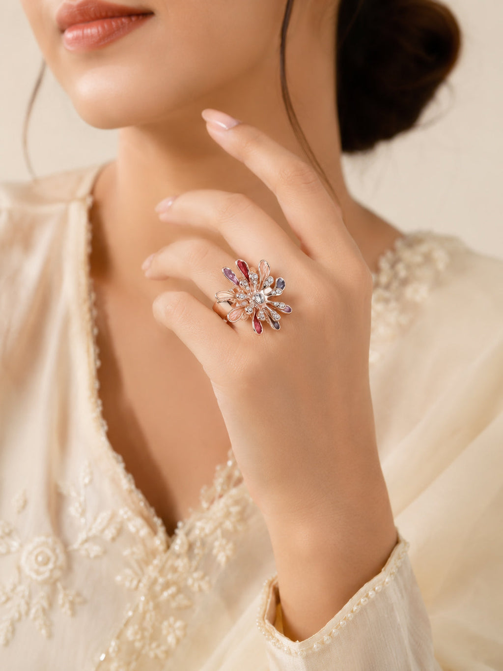 18K Gold Plated Floral Crystal Anti-Tarnish Waterproof Ring