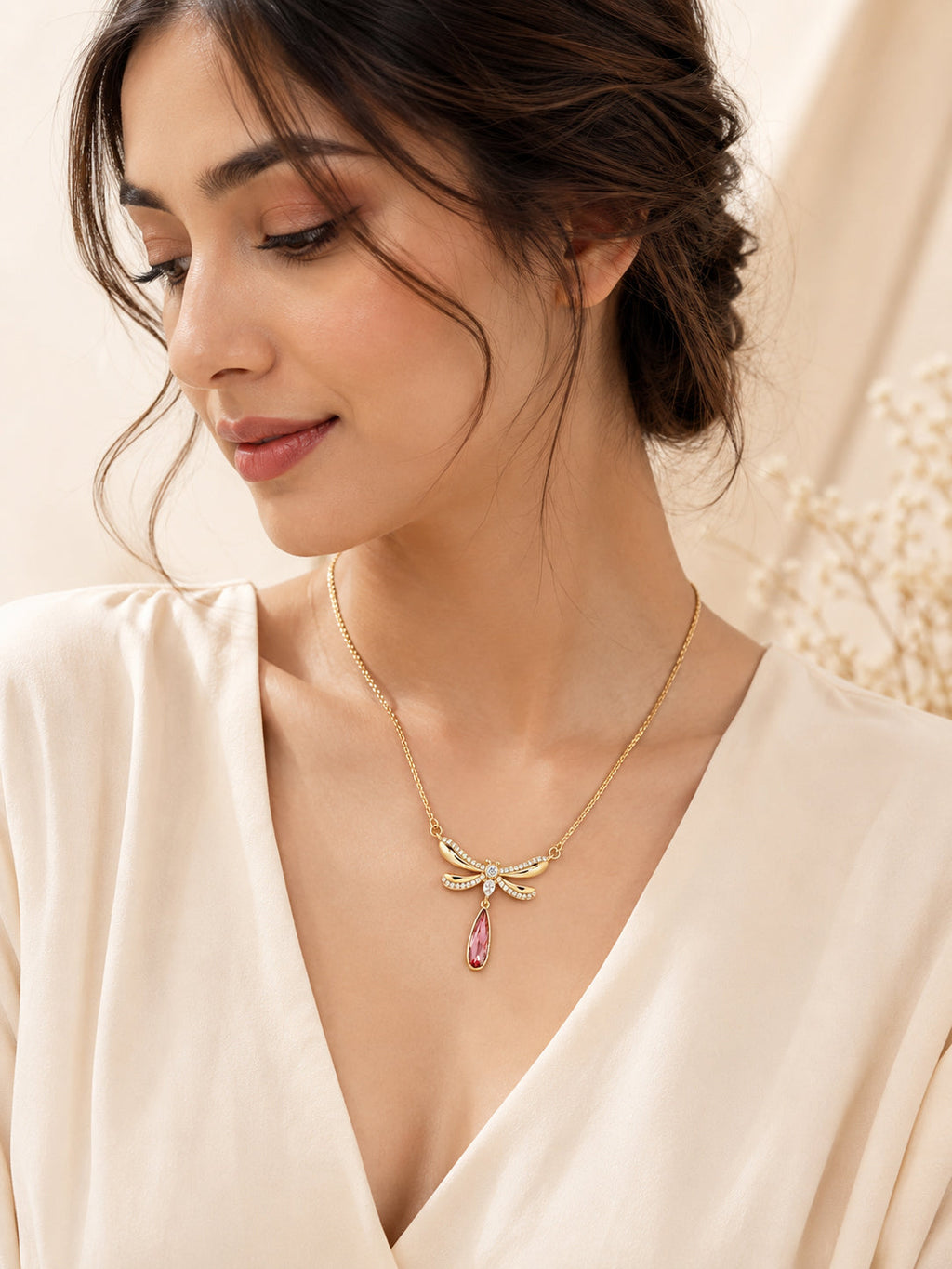 18K Gold Plated Pink Wing Teardrop Necklace