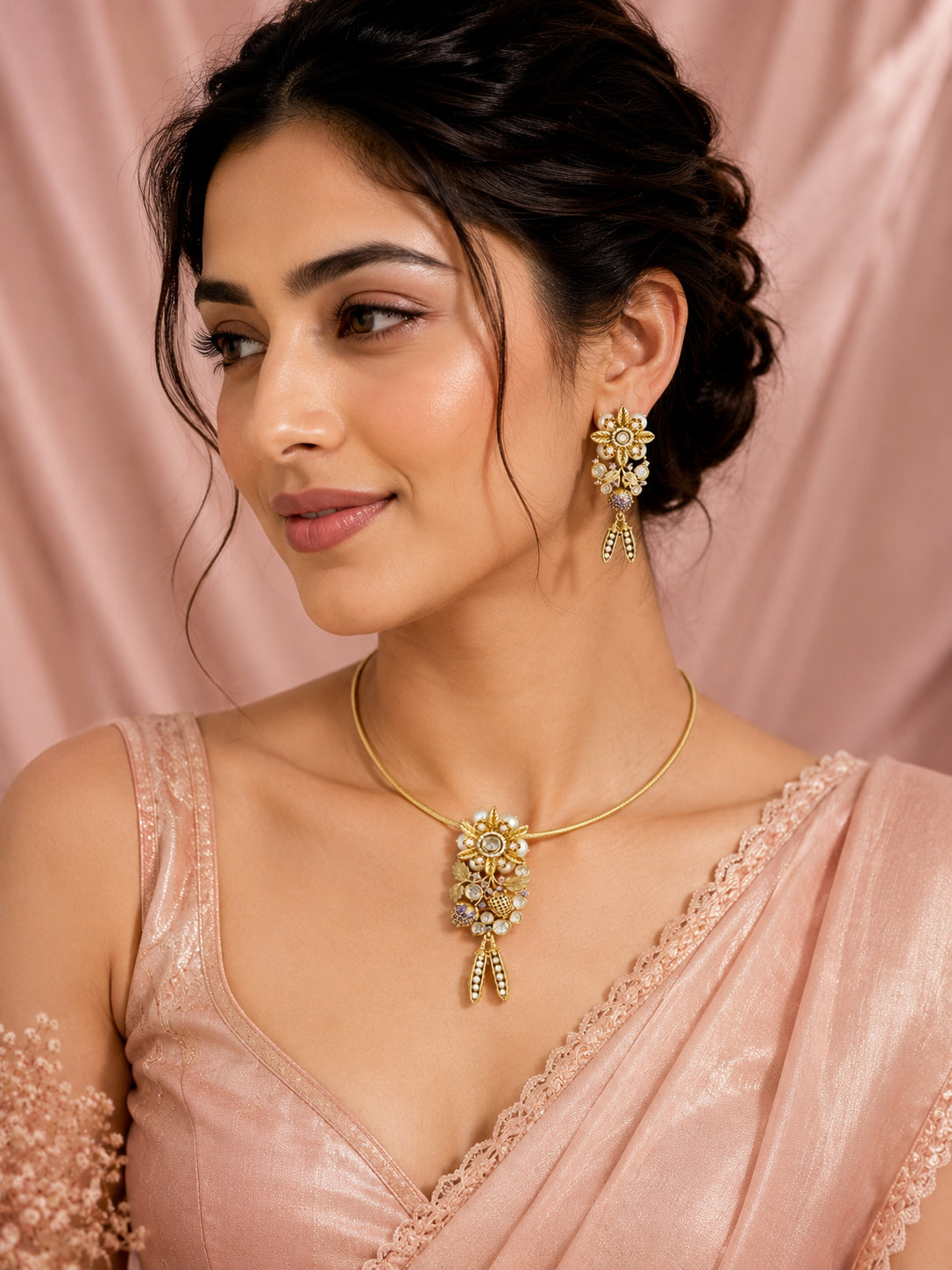 Aanura Antique Floral Pendant Necklace with Pearls