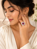 Rhodium Plated Red Cushion Anti-Tarnish Waterproof Ring