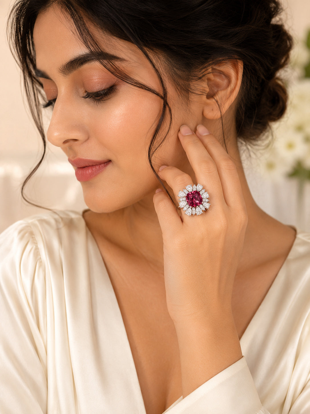 Rhodium Plated Red Cushion Anti-Tarnish Waterproof Ring