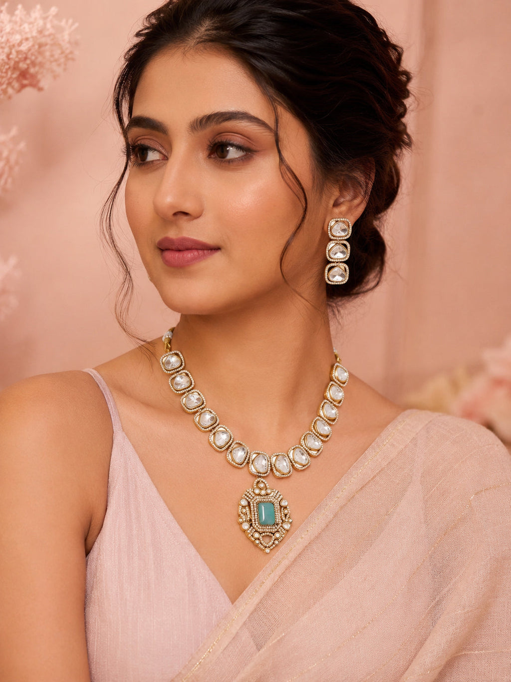 Aanura Kundan Necklace with Pink Stone Heritage Pendant