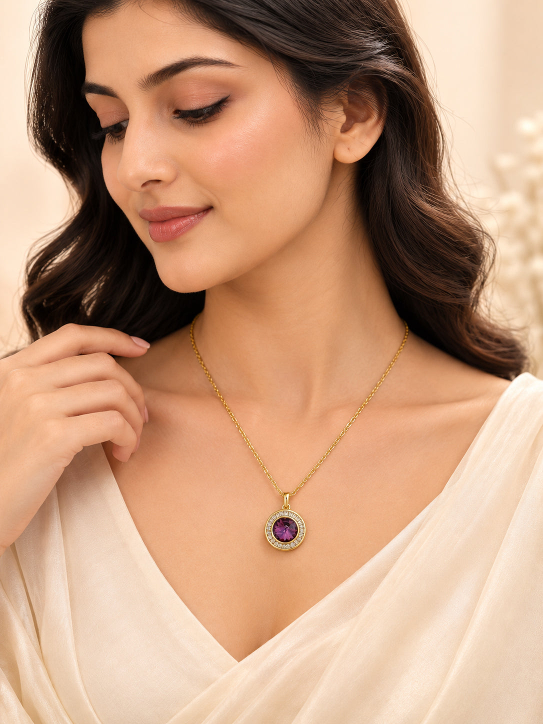 18K Gold Plated Purple Halo Crystal Pendant Necklace