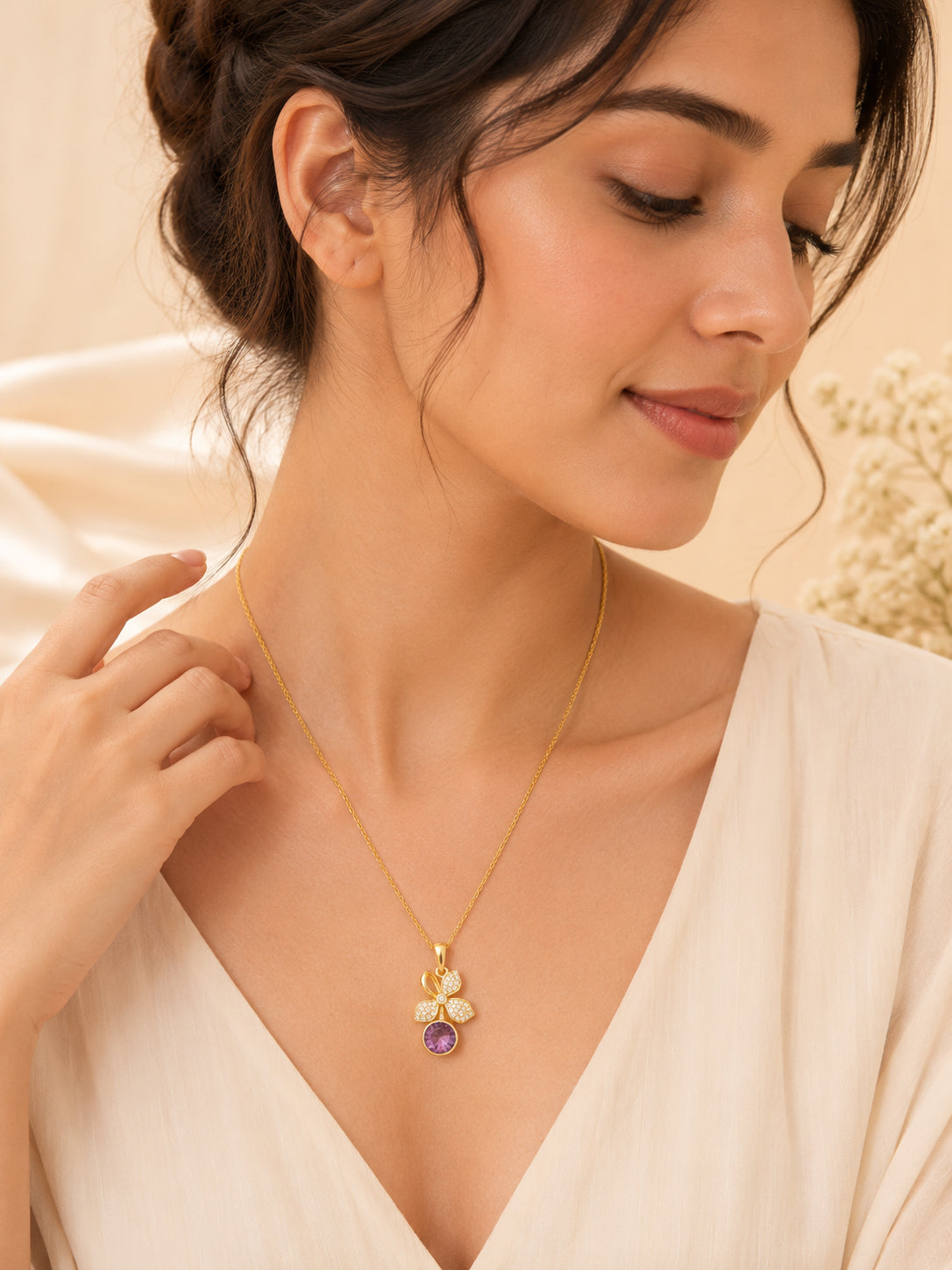 18K Gold Plated Purple Floral Crystal Drop Necklace