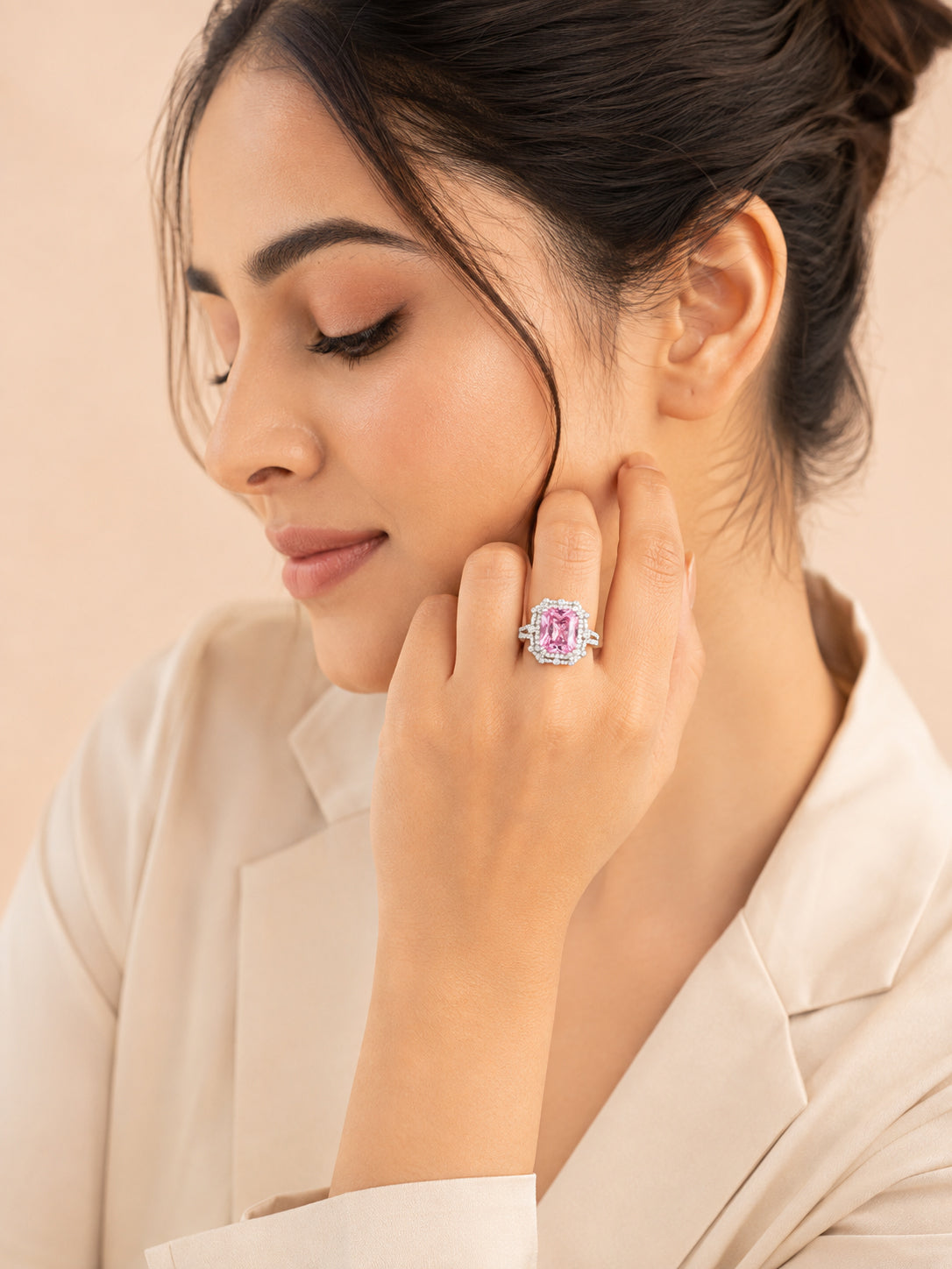 Rhodium Plated Cushion Cocktail Anti-Tarnish Waterproof Ring
