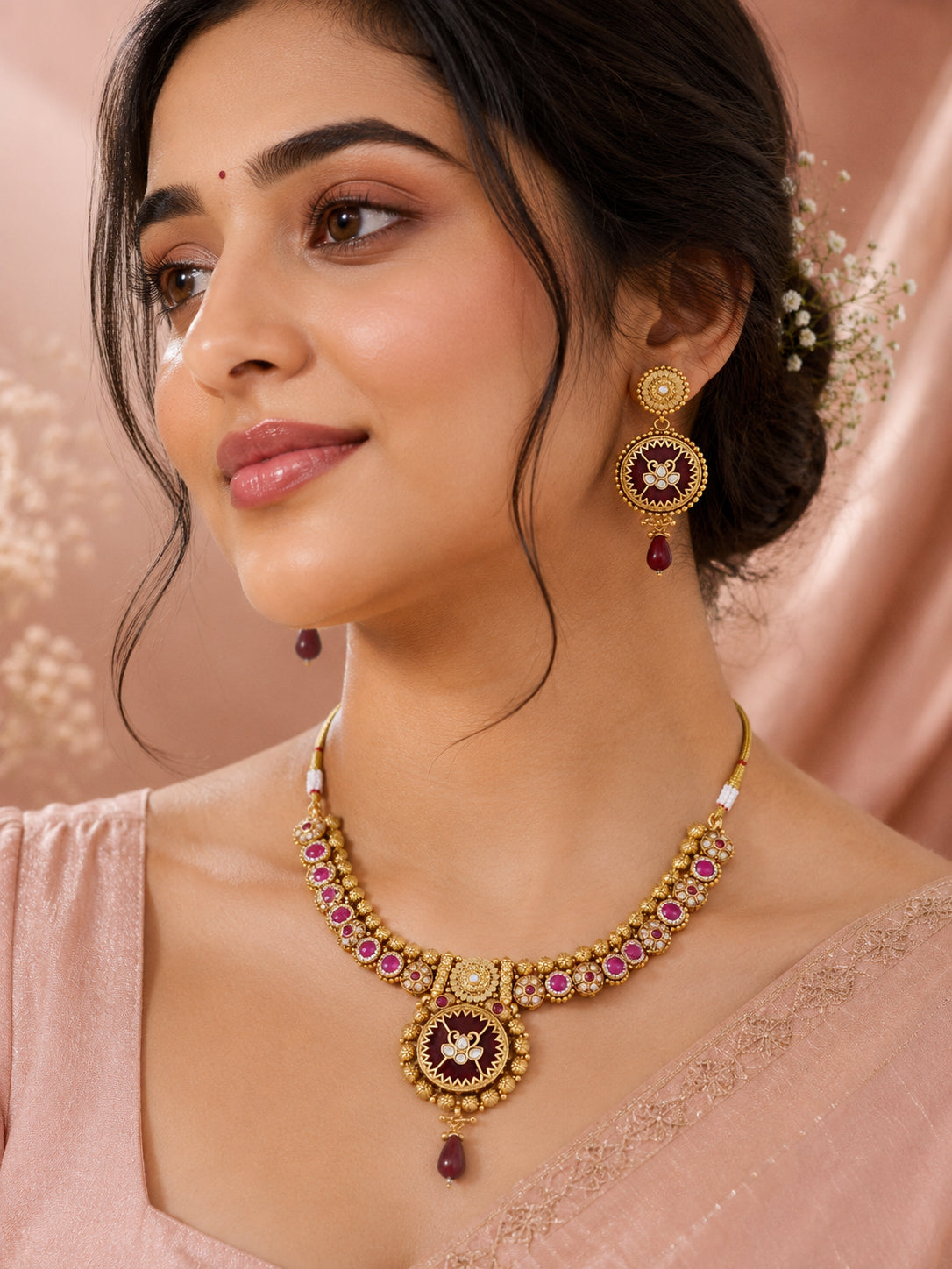 Aanura Circular Heritage Necklace with Green Stones