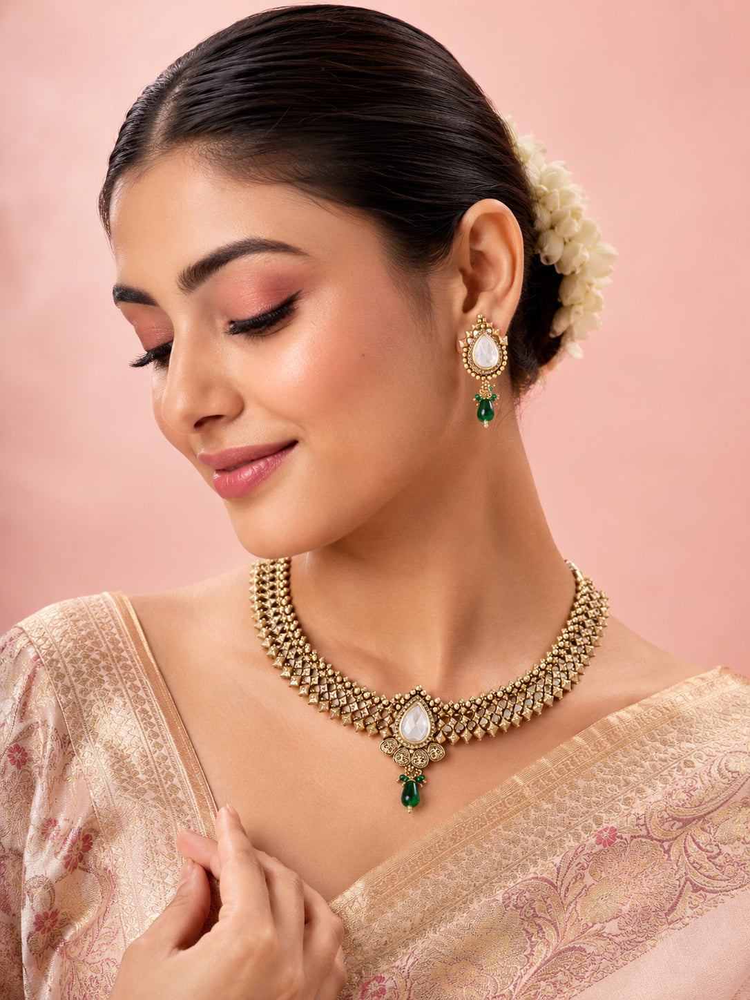 Aanura Antique Pearl Drop Kundan Choker Necklace Set