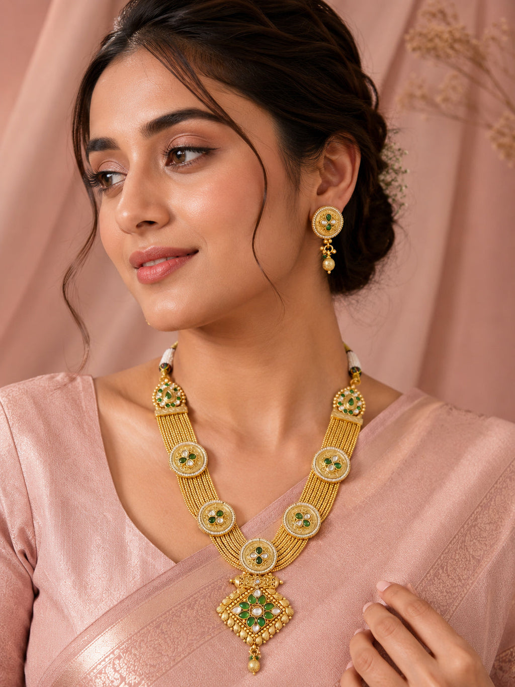 Aanura Antique Long Necklace with Ruby Pendant & Pearls
