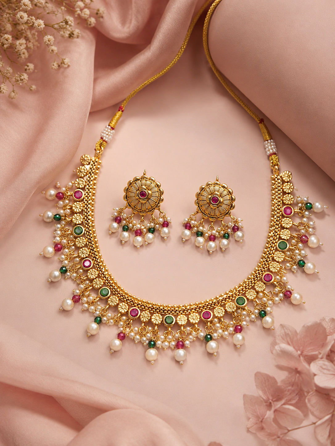 Aanura Gold-Plated Pearl & Green Stone Choker Set