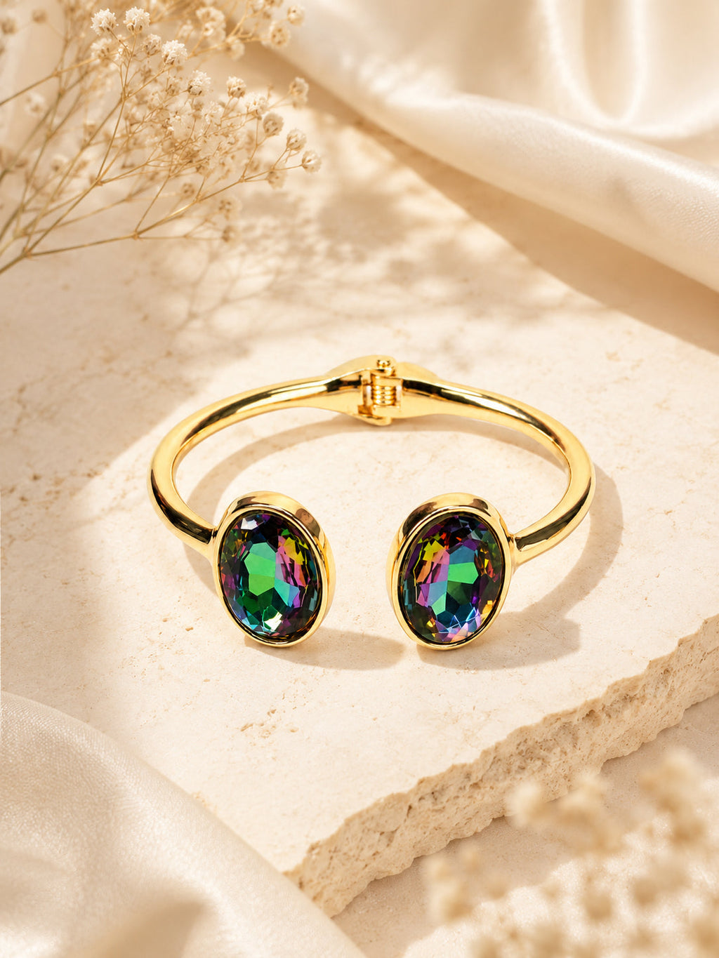 Aanura Gold Stainless Steel Dual-Stone Bangle Bracelet