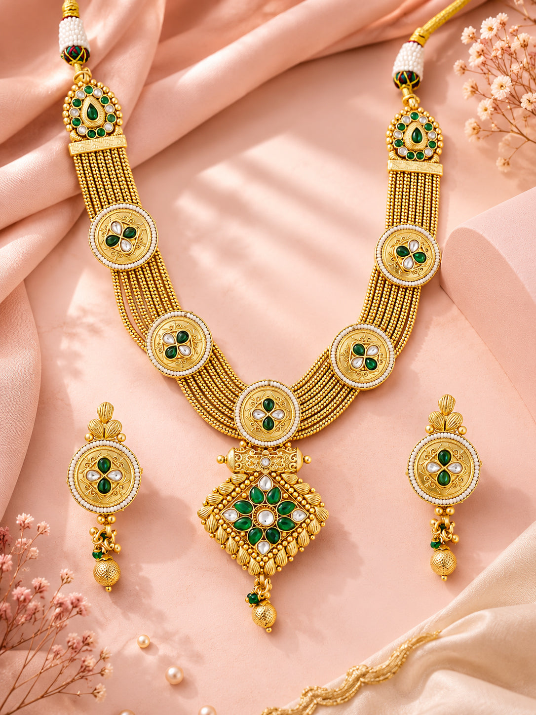 Aanura Antique Long Necklace with Ruby Pendant & Pearls