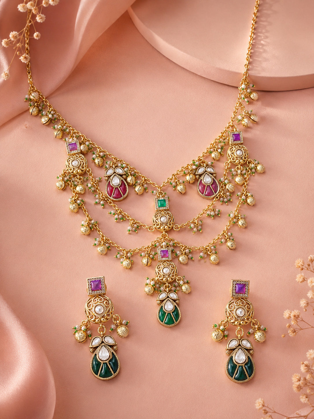 Aanura Layered Antique Necklace with Ruby Drops