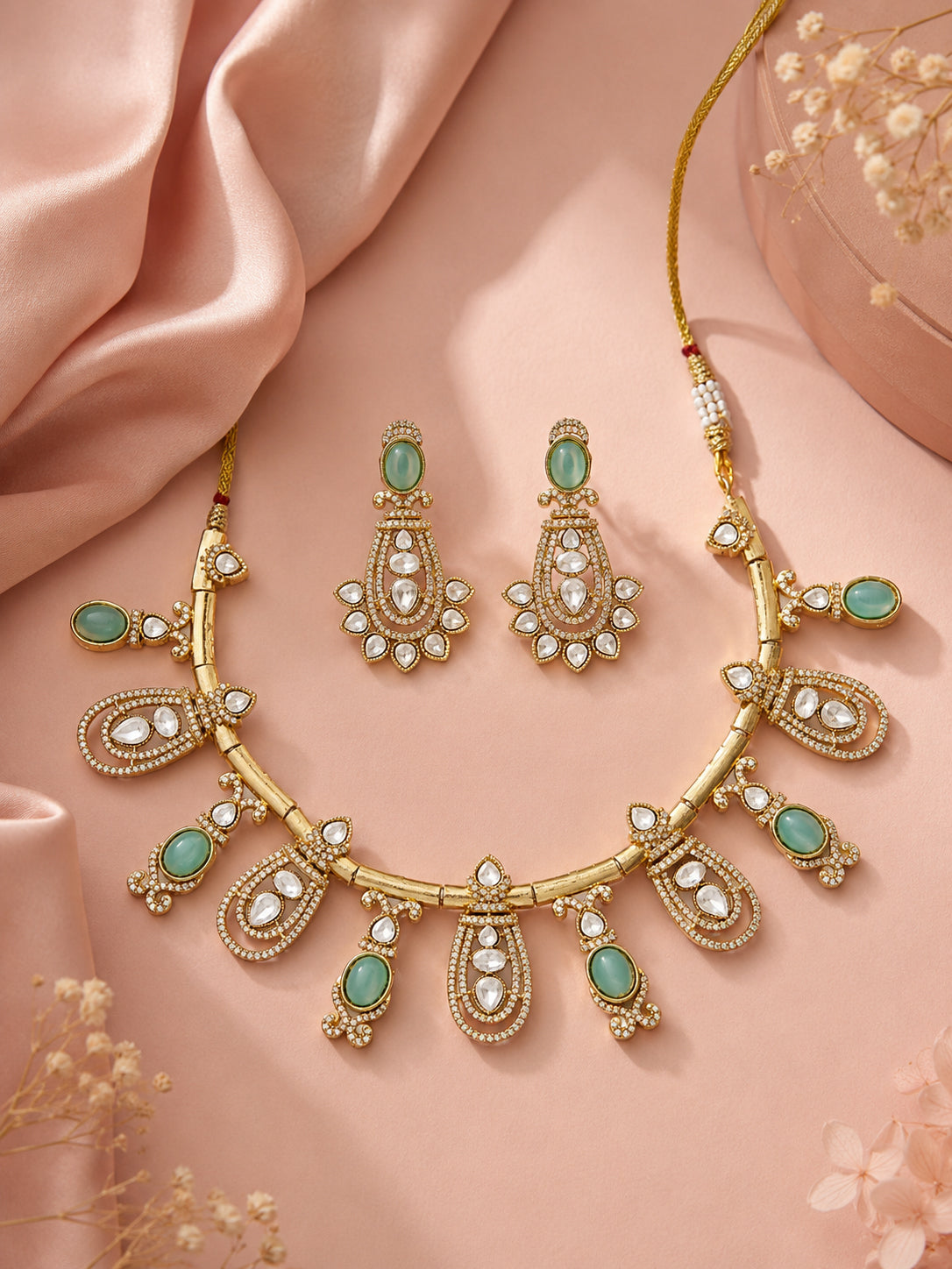 Aanura Kundan Necklace with Olive Green Stone Drops