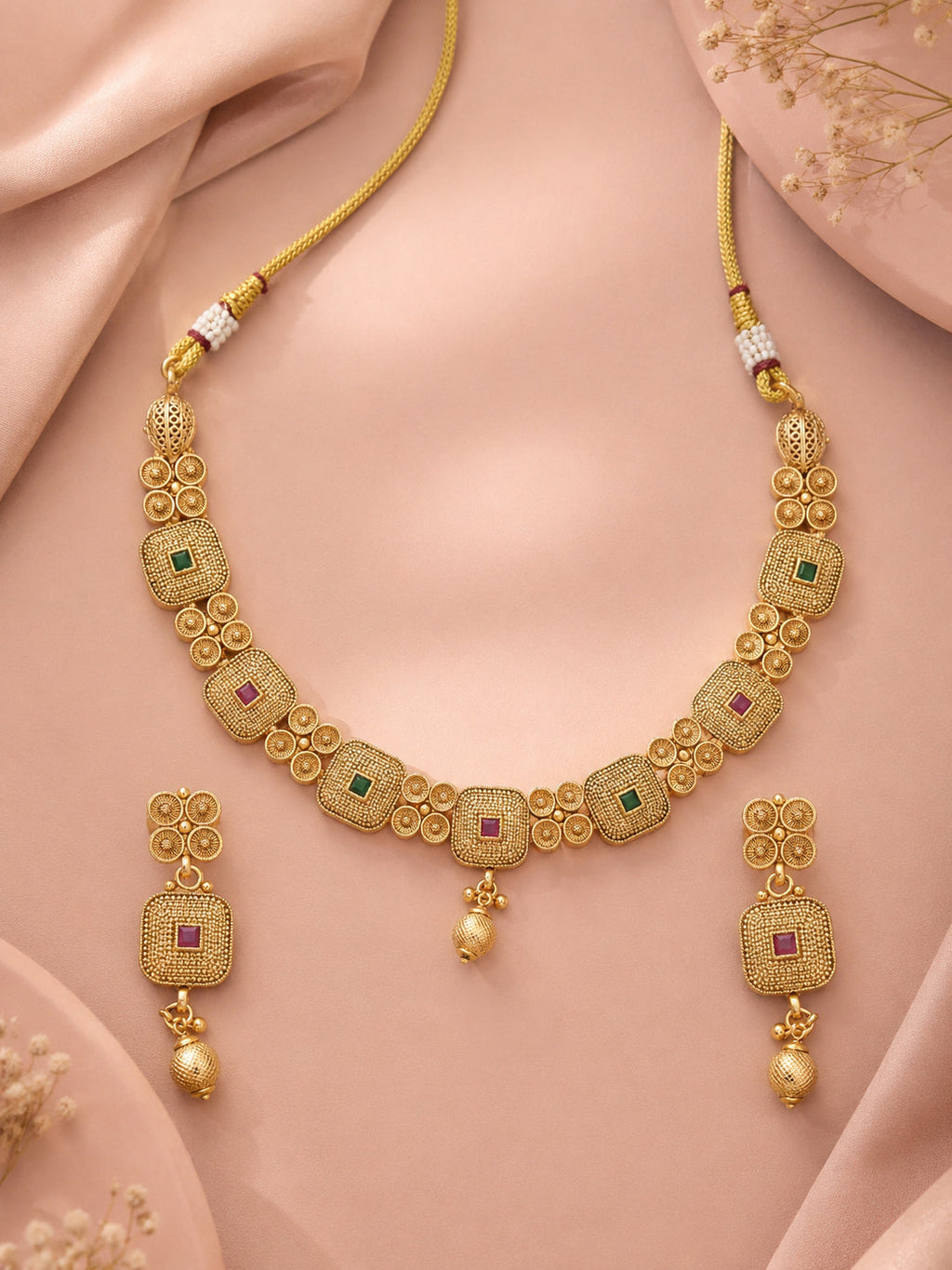 Aanura Gold Plated Ruby Grid Necklace Set